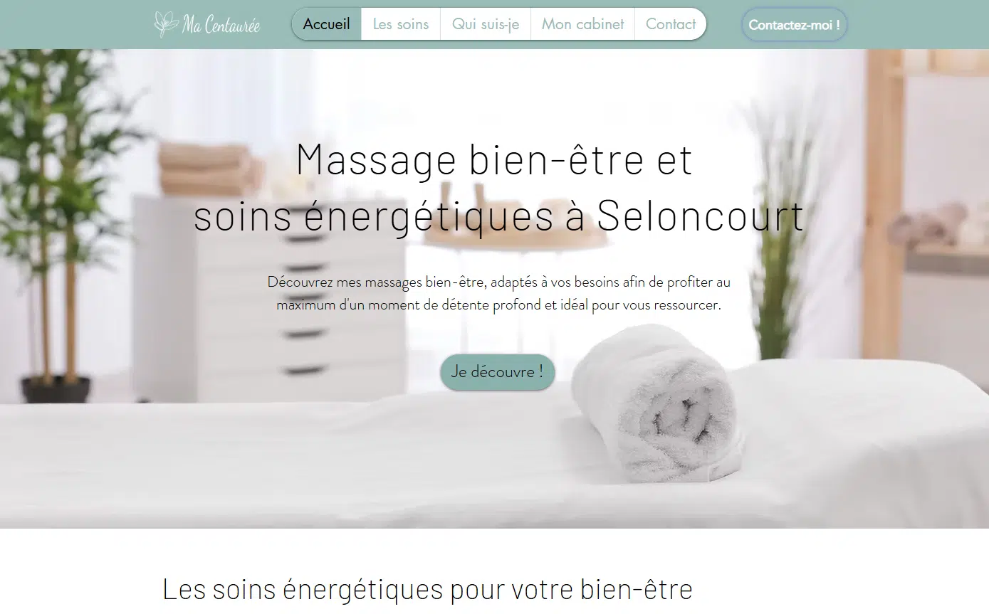 Capture d'écran de la page d'accueil de Solène, fondatrice de Ma Centaurée. On y voit le menu, une page de couverture avec un texte incitant à découvrir ses prestations.