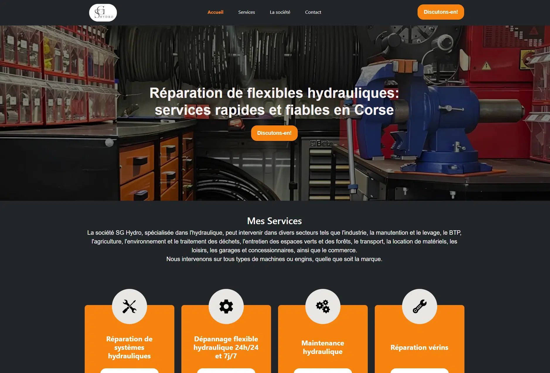 Capture d'écran de la page d'accueil de SG Hydro. On y voit le menu, une page de couverture avec un texte incitant à découvrir ses prestations.