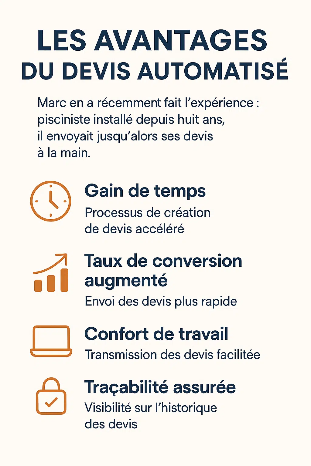 Les-avantages-du-devis-automatisé Quels sont les avantages d'un devis automatisé ? Gain de temps, taux de conversion augmenté, confort de travail et traçabilité assurée. C'est l'automatisation devis artisan