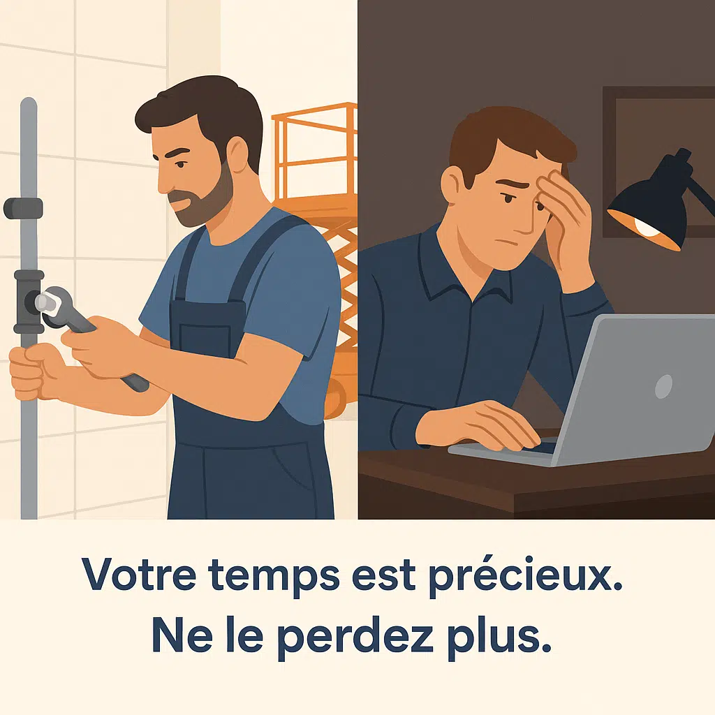 Votre-temps-est-précieux D'un côté un artisan qui travail sur son activité principale et de l'autre qui s'occupe de l'administration