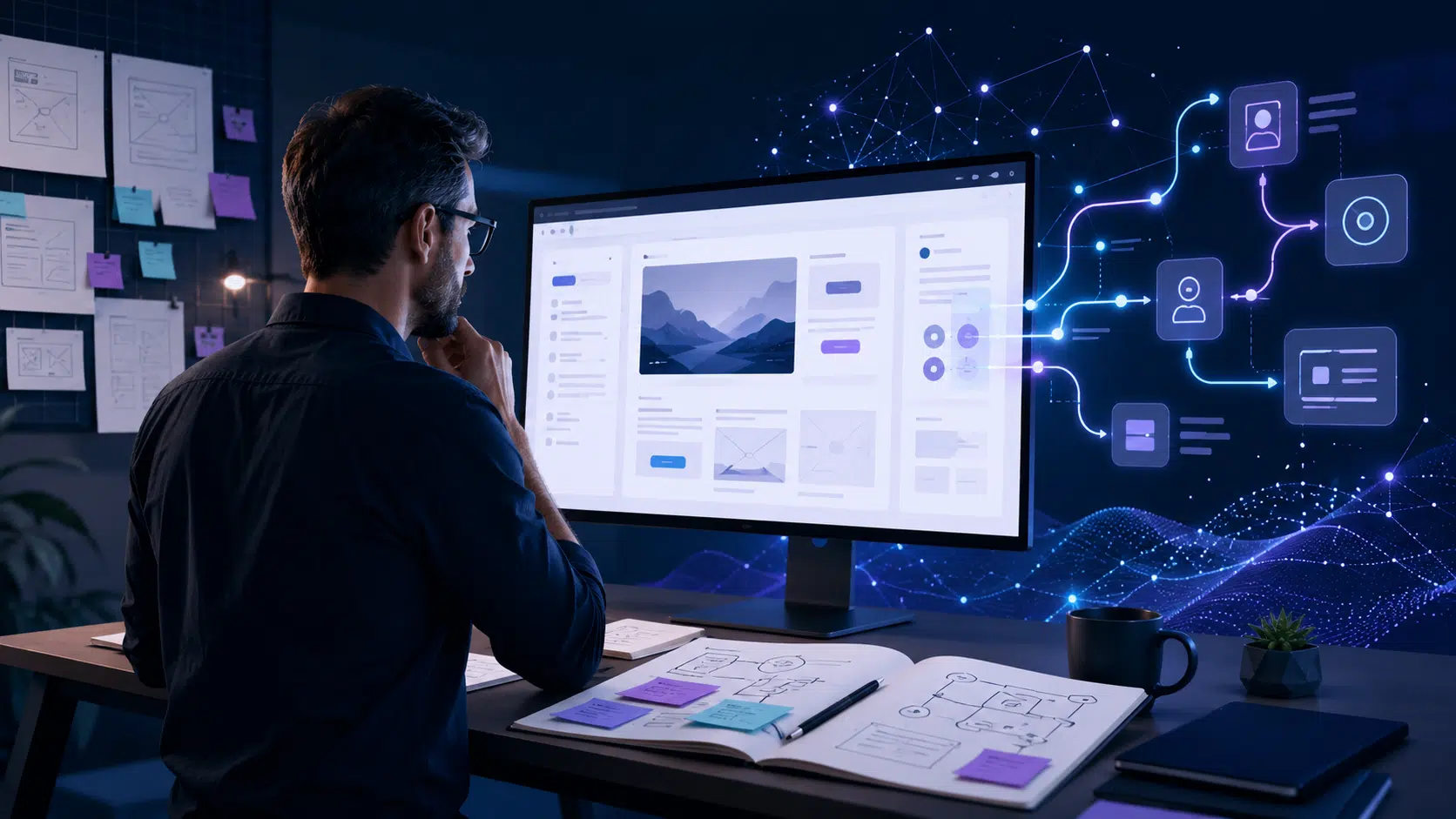 Professionnel utilisant l’IA pour concevoir une stratégie de site web orientée conversion